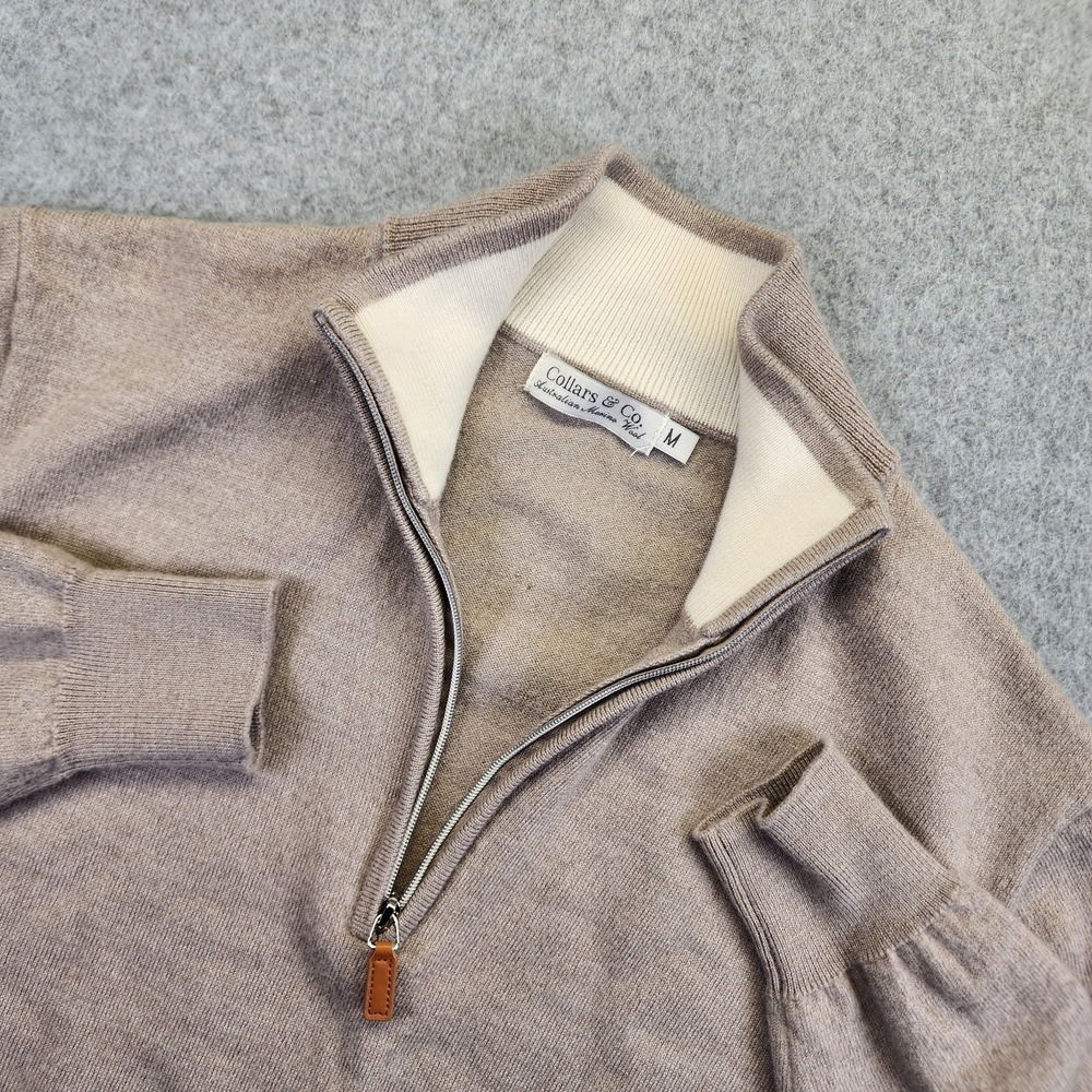 Collars & Co. Australian Merino Wool 1/4 Zip Mens Medium Pullover Sweater‎ Beige